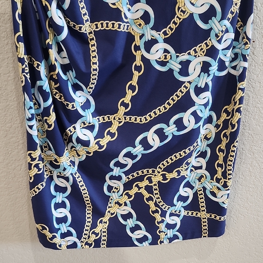 J. McLaughlin Sage Sleeveless Chain Print Midi Dress Navy Blue Gold Designer Lux - Picture 6 of 11